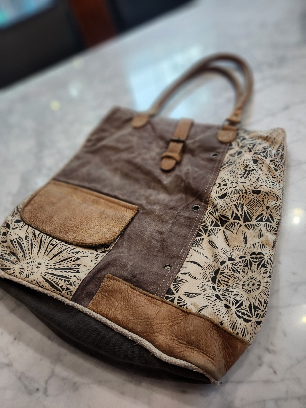 Myra Bag Brown & Cream Patterned Canvas Leather Satchel 16x16x10 handles